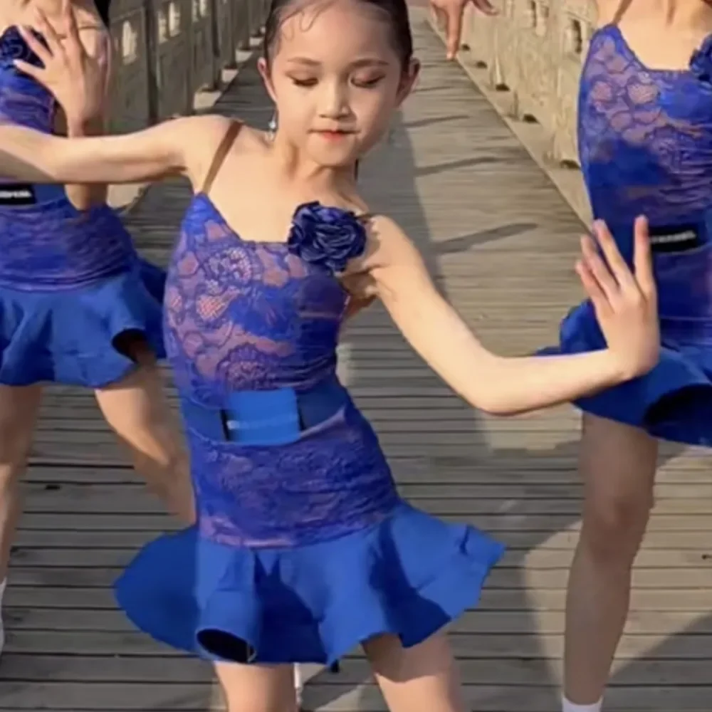 

Синее бальное латинское кружевное платье для девочек, костюм для американских танцев, румбы, ча-ча, самбы, танго, одежда для соревнований, детская верхняя юбка