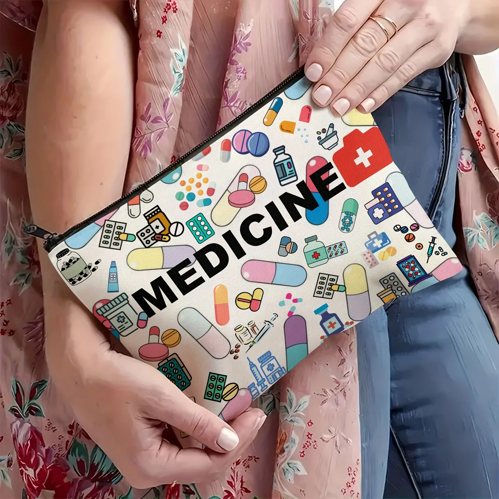 Large Medicine Storage Bag Travel Pill Organizer Odorless Durable Zippered Canvas Storage Bag for Vitamins Cosmetics FAMILY