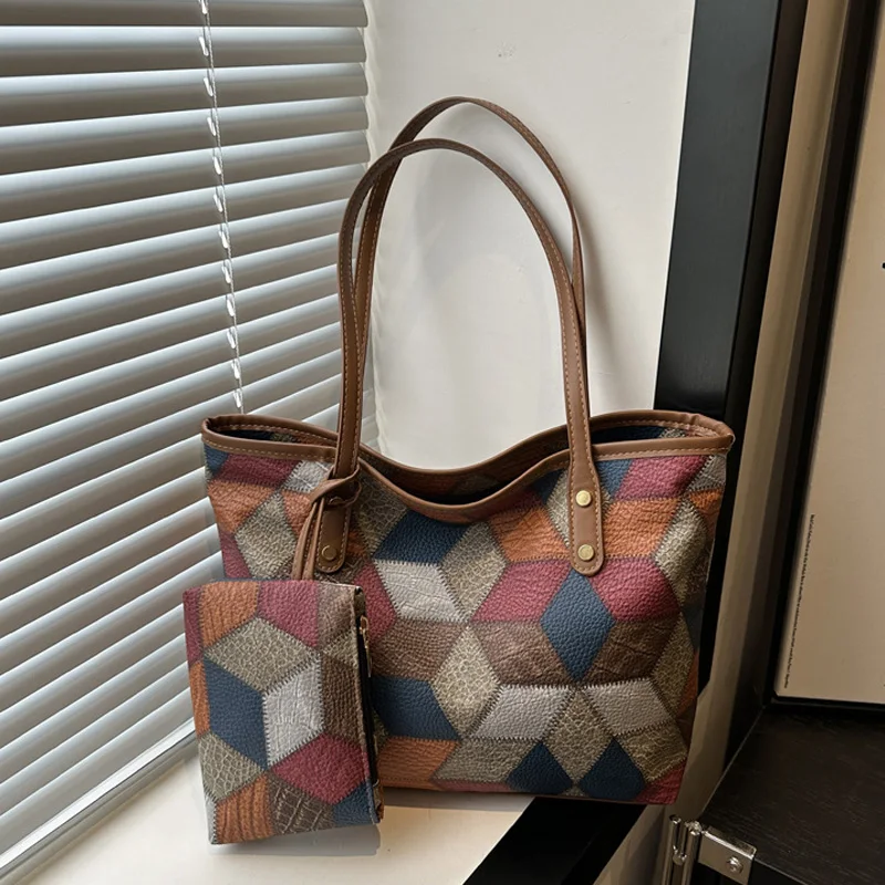 Patchwork w stylu vintage PU skórzane torby na co dzień dla kobiet, torba na ramię o dużej pojemności damskie torebki i portmonetki