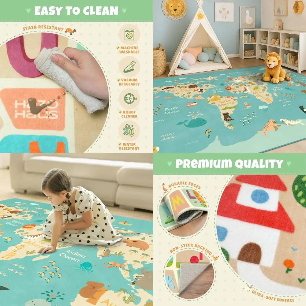 

5x7 Kids Play Rug - Educational, Cute Animal Design, Non-Slip, Stain Resistant, Soft & Safe for Playroom, Bedroom, Classroom - B
