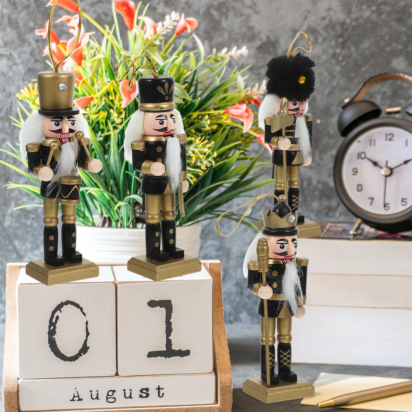 

4 Pcs Black Gold Nutcrackers 13CM Figures Christmas Decor Wood Craft Desktop Tabletop Ornaments Gifts