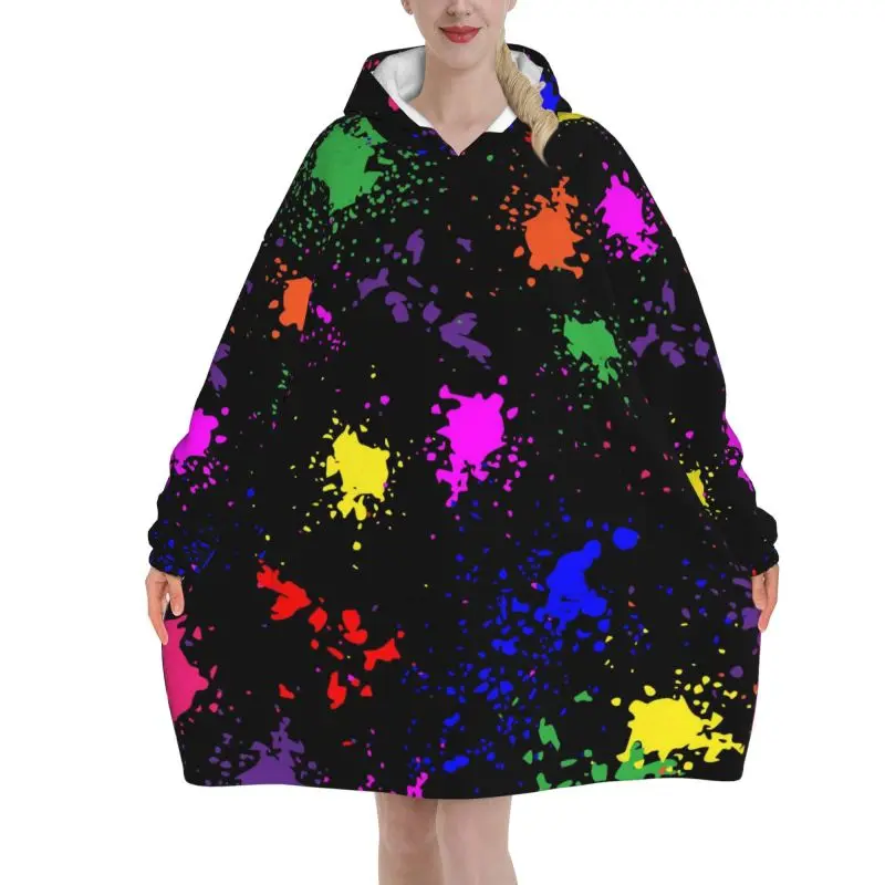 Wearable Blanket Hoodie Colorful Paint Splatter Art Oversized Sweatshirts Warm Cozy Flannel Fleece Sherpa Blanket with Pockets