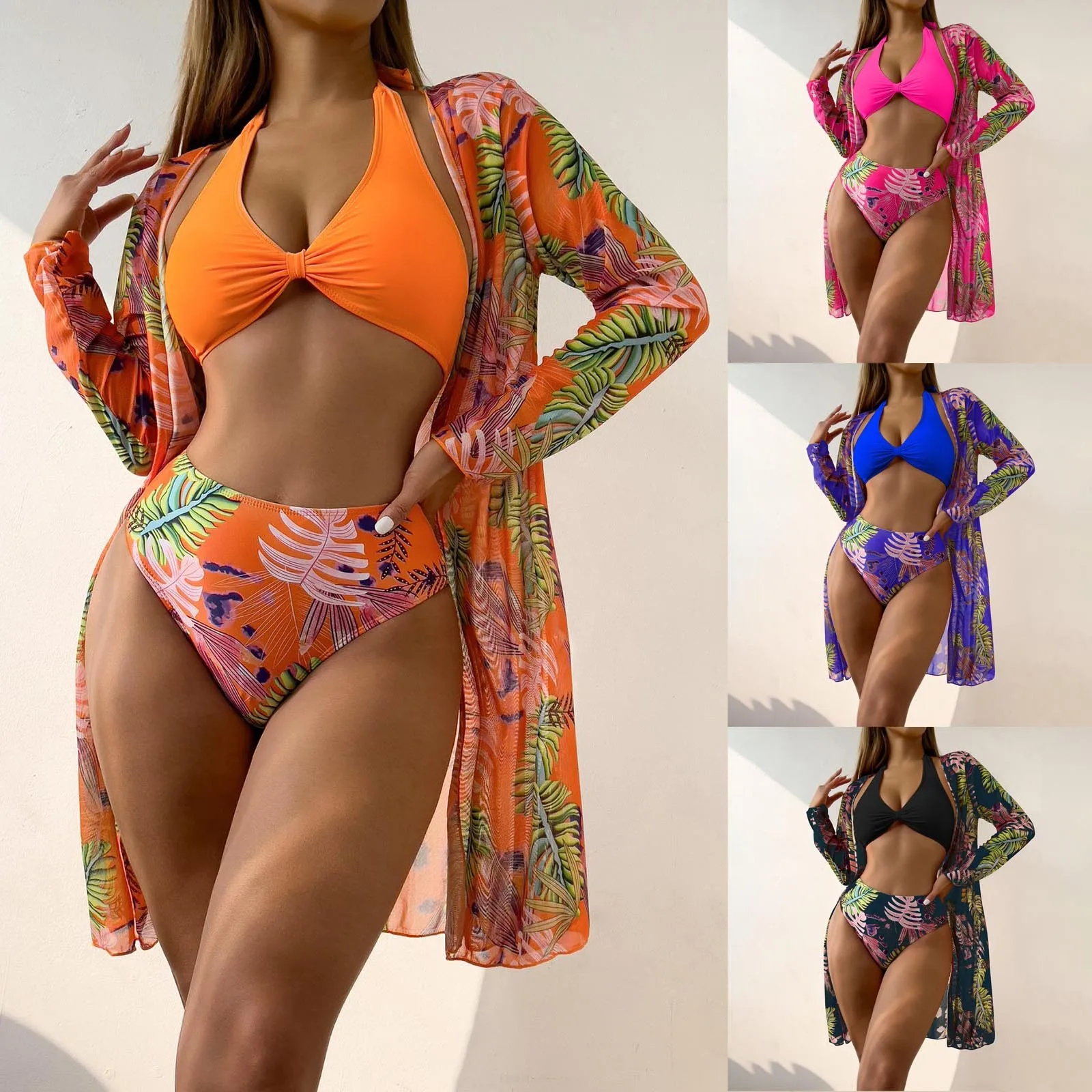 Halter Print Bikini 2024 Women Swimsuit With Kimono High Waist Swimwear Female Bathers Bathing Swimming Swim Suit Beachwear 3pcs