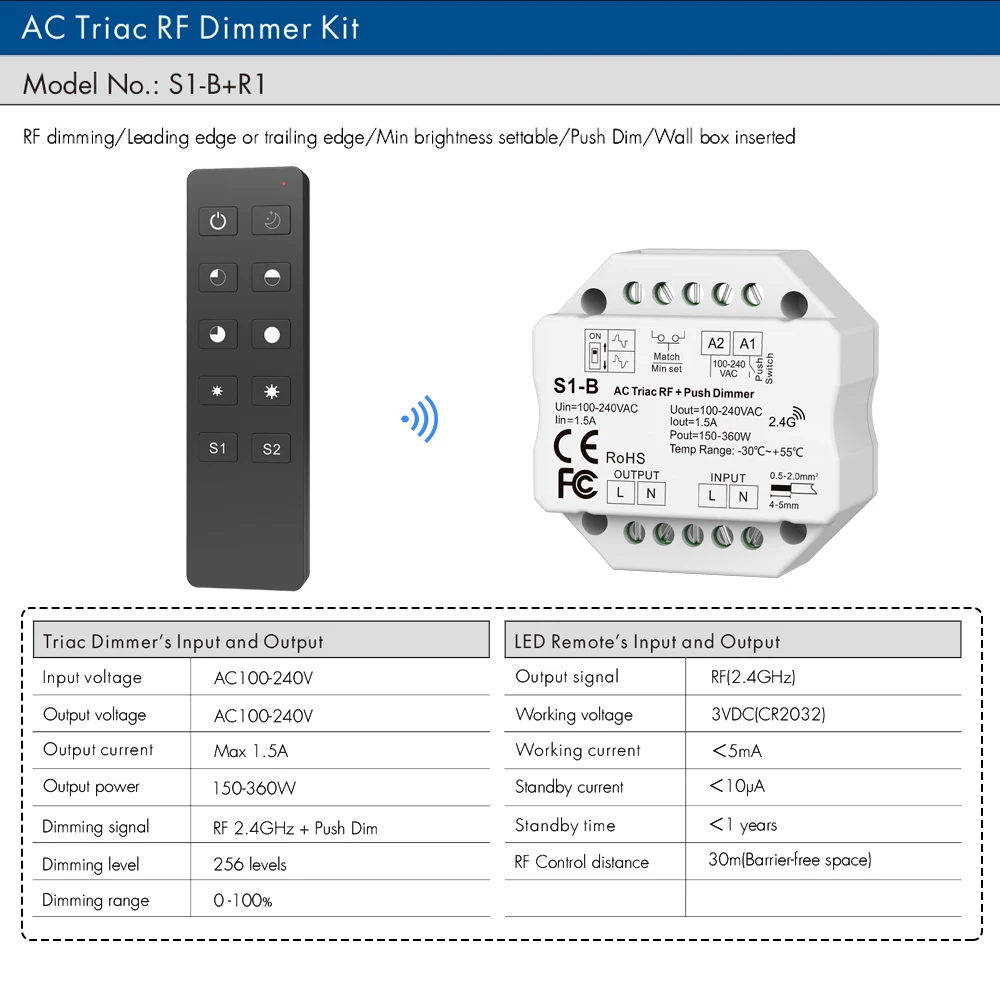 LED Dimmer 220V AC Triac Dimmer 230V 110V Wireless RF Dimmable Push Switch with 2.4G Remote Dimmer for LED Lamp 220V Bulb S1-B