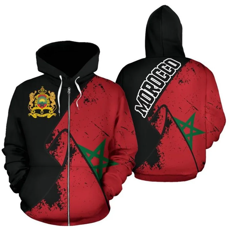 Morocco Coat Of Arms Lion Emblem Zip Up Hoodie Men 3D Print Moroccan Flag Zipper Sweatshirts Fashion Streetwear Hooded Pullovers