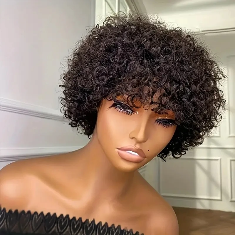 Афро-кудрявый вьющийся парик из человеческих волос с челкой, человеческий натуральный афро-парик, машинное производство