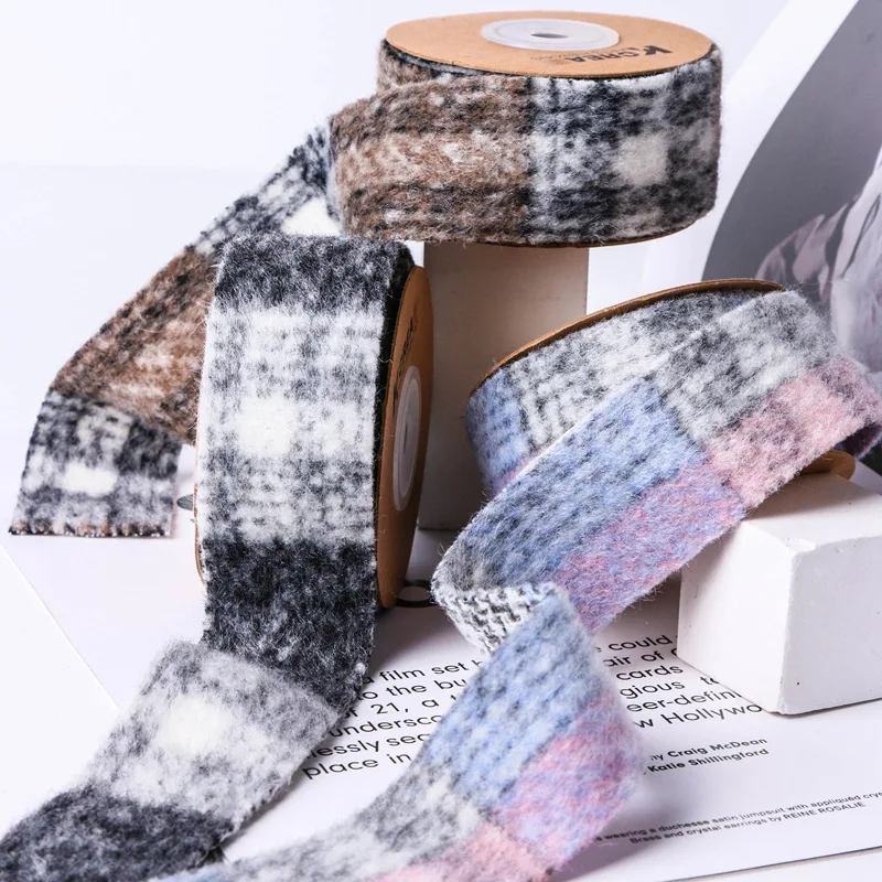 25mm 40mm Winter Fluff Wool Check Soft Ribbons For Handmade Bow Crafts Sewing Material Christmas Decoration Tweed Tape 25Yards