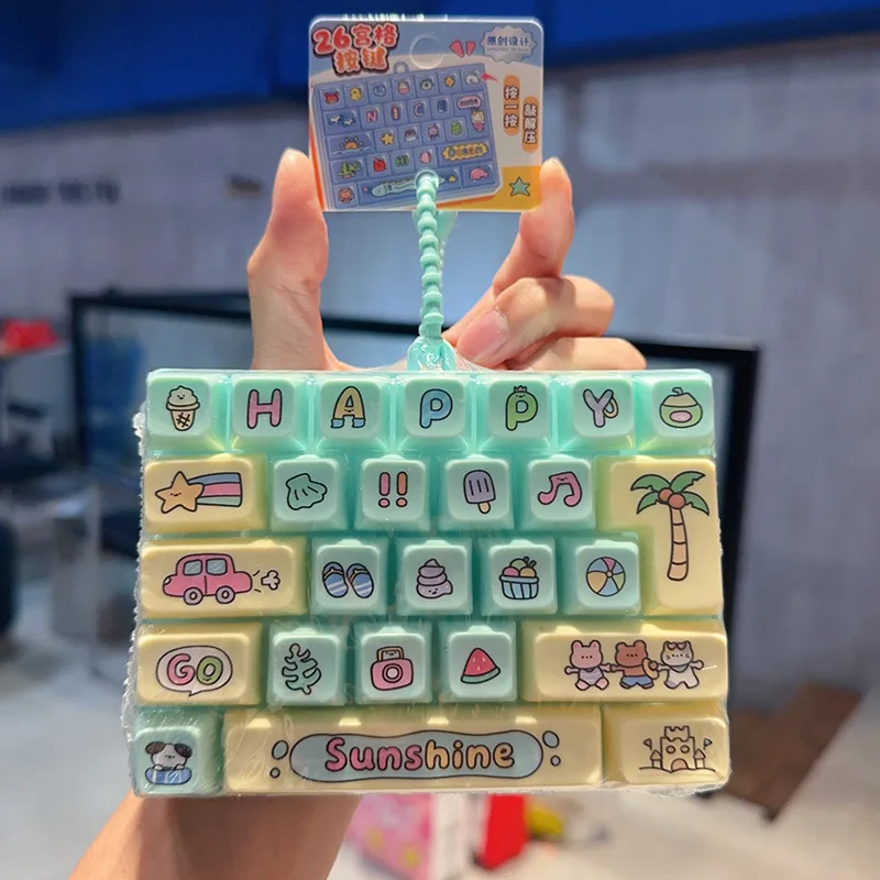 26-Key Decompression Button Toy Squeeze Keyboard Keychain Stress Relief Clicker Keyring Cartoon Animals Keyboard Keychains Gifts