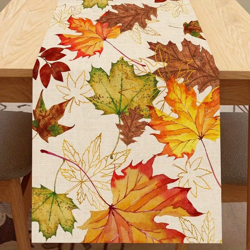 

1pc Watercolor Maple Leaf Table Runner, Autumn Harvest Art Print Design, for Thanksgiving Table and Kitchen Decorations