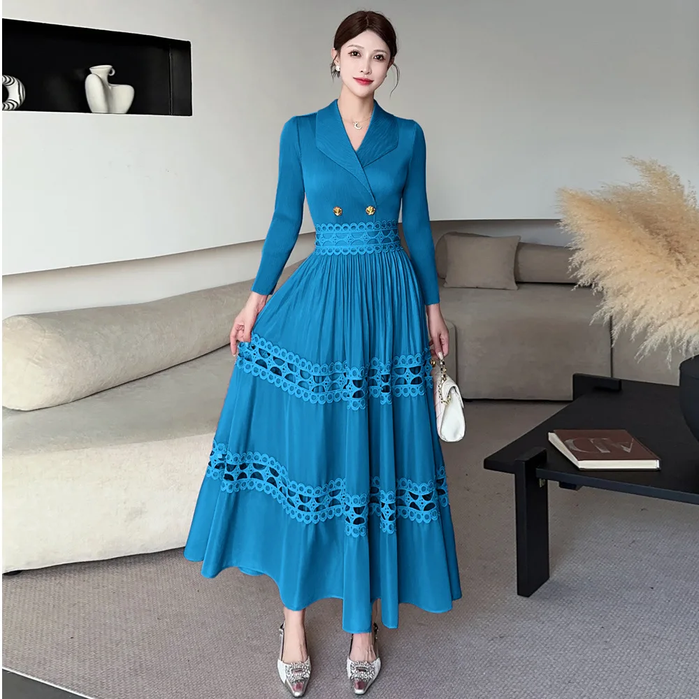 

Miyake Pleated Dress for Women 2025 New Solid Color Suit Collar Long Sleeve Lace Hollow Loose Large Size Elegant Long Skirt