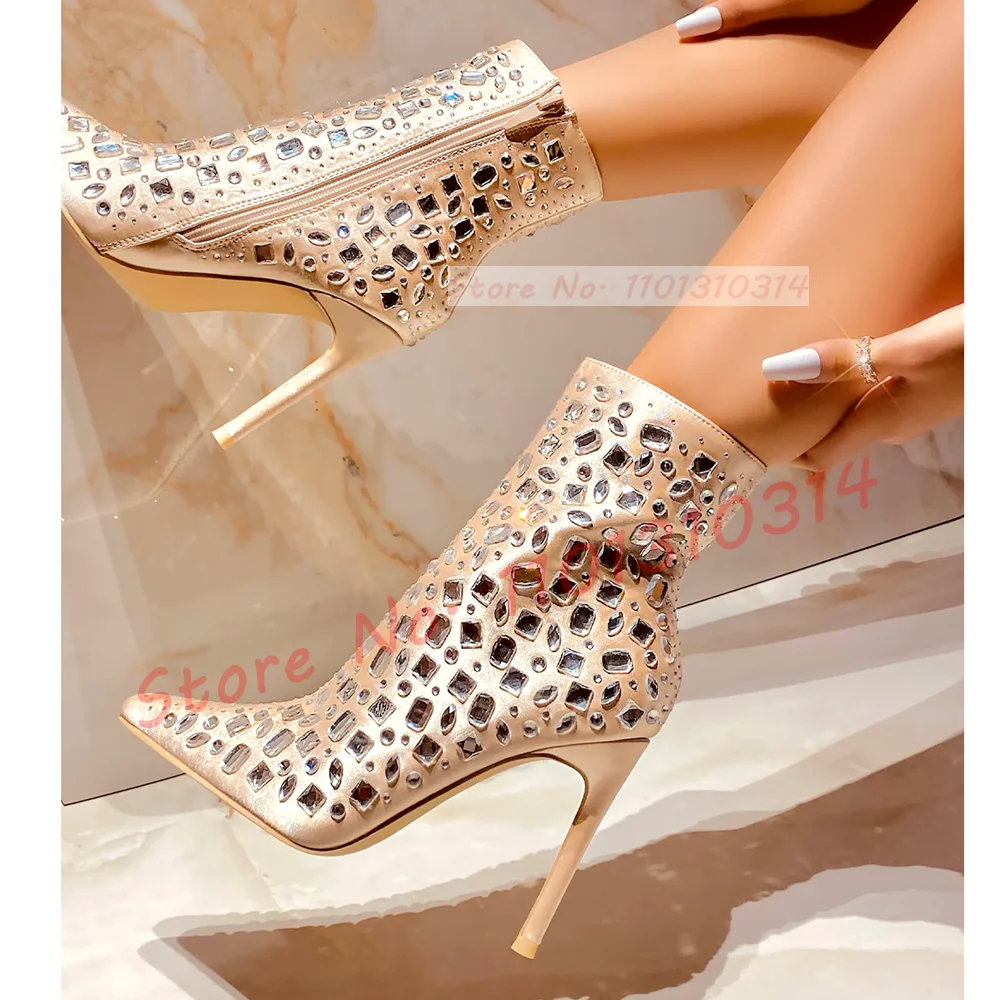 Sparkly Gems Pointy Booties Women Nude Stiletto High Heels Shoes Designer For Ladies 2023 Newest Side-zip Party Luxury Boots