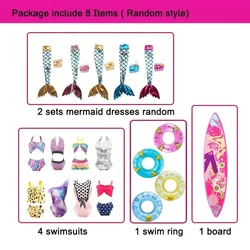 8Pcs Set Doll Clothes and Accessories Include Swimsuit Bikini Mermaid Dresses Board Swim Ring  for 12'' /30cm Doll