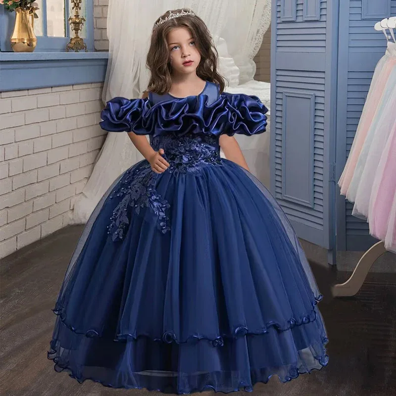 Nuevo vestido de fiesta elegante para niña, vestido largo de dama de honor de boda, vestido de noche de baile de graduación bordado de malla de 4 a 13 años