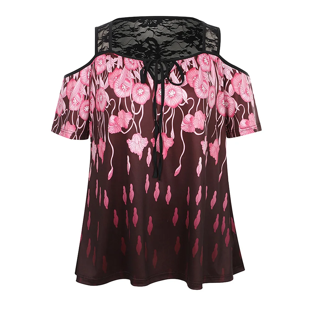 حجم كبير المرأة المطبوعة الأزهار الدانتيل الباردة الكتف كم تي شيرت تونك القمم الصيف السيدات بلوزة كاجوال بلوزة حجم 1XL-5XL