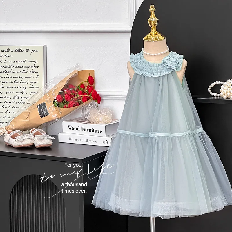 

Girls' summer dress, Korean style, fashionable princess dress, floral sleeveless mesh dress