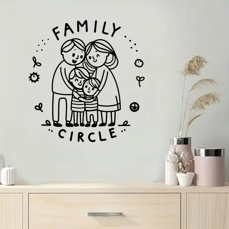 1pcs A heart - warming family of four embracing, with FAMILY CIRCLE written above, surrounded by cute decorative elements. Wall