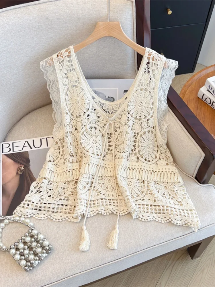 Женский кружевной жилет с открытыми бретелями, летний топ с прикрытием, дизайн с кисточками, свободный крой, обычная длина