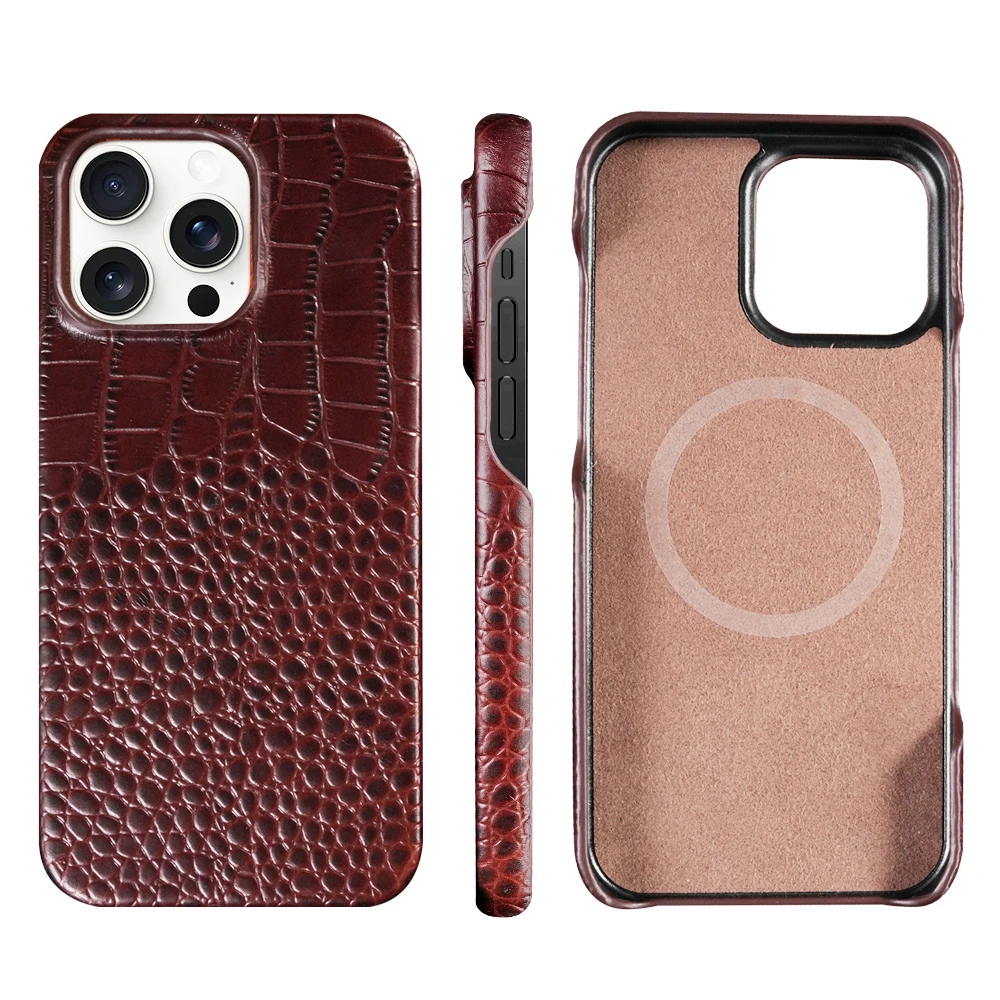 

for Magsafe Case for iPhone 15 16 Pro Max Promax 16Pro 15Pro Natural Cowhide Leather Magnetic Protector Luxury Phone Back Cover