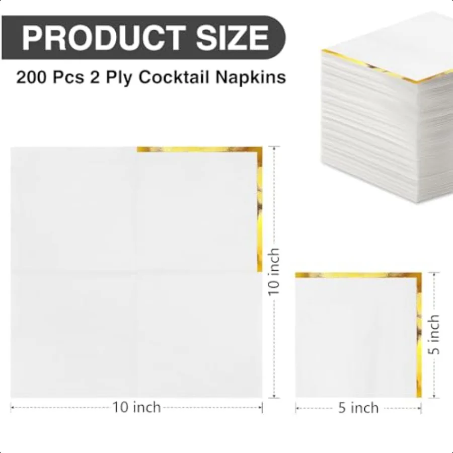 กระดาษเช็ดปากค็อกเทล 200 ชิ้น กระดาษเช็ดปากสีขาว 2 ชั้น ขอบสีทอง กระดาษเช็ดปากเครื่องดื่มลายฟอยล์สีทอง กระดาษเช็ดปากตกแต่งสำหรับงานเลี้ยงค็อกเทล