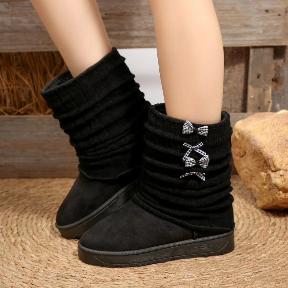

Брендовый дизайн, морщинистые сложенные зимние сапоги, женские зимние ботинки 2025 года, милые ботинки с бантом, теплые короткие плюшевые сапоги до середины икры