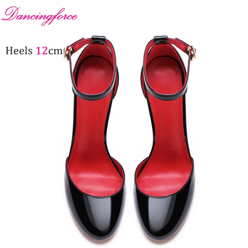 10cm 12cm Luxury Black Patent Leather Ankle Strap Stiletto Ladies Pumps Round Toe Sexy High Heel Shoes Women