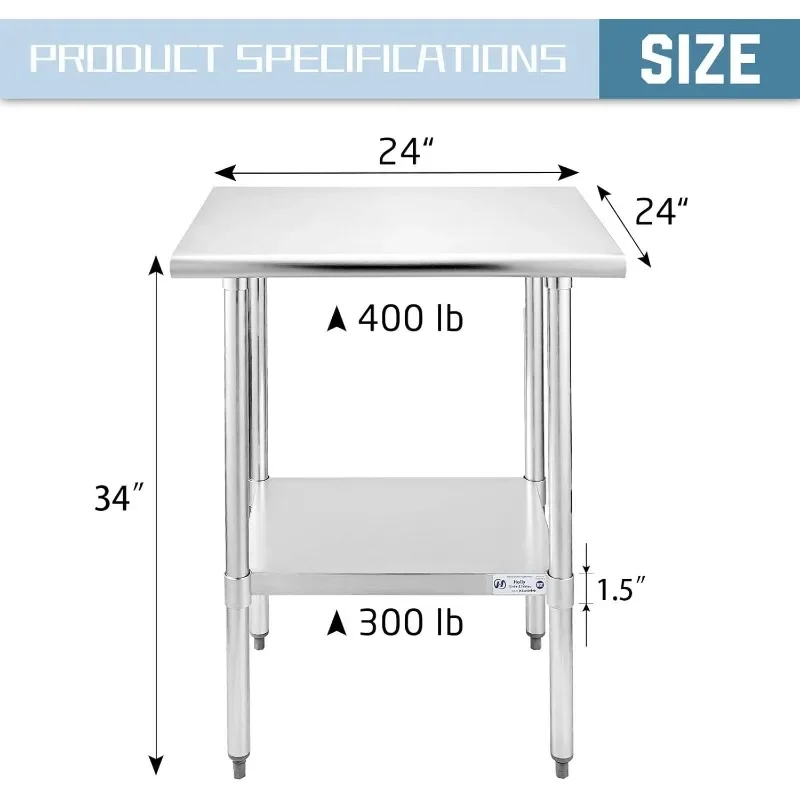 Stainless Steel Table for Prep & Work 24 x 24 Inches, NSF Commercial Heavy Duty Table with Undershelf