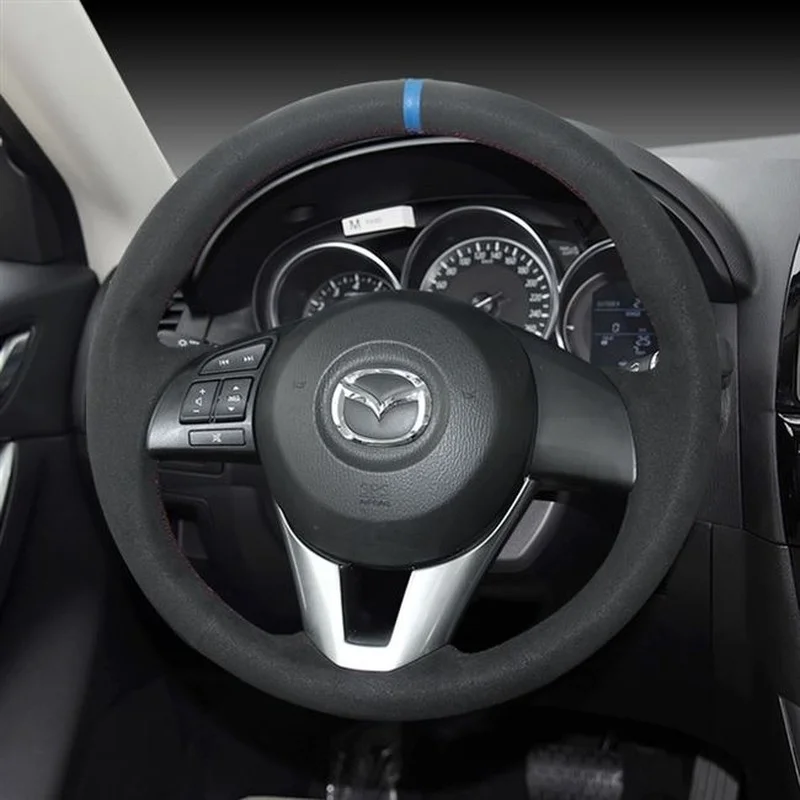 Hand-Stitched Leather Suede Carbon Fibre Car Steering Wheel Cover for Mazda 3/6 M5 Cx-5 Cx-4 Cx-8 Interior Accessories