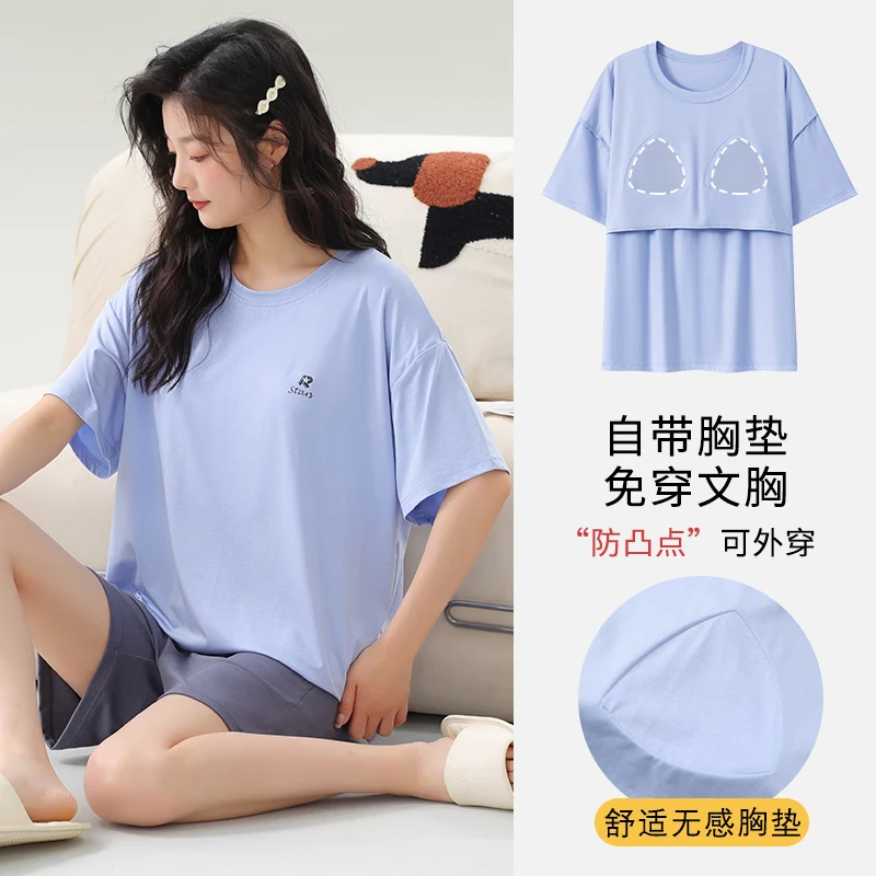 

Summer 2024 New Modal Pajama Sets Women Lounge with Bra Pad Sleepwear Short Sleeve Casual Nightwear Large Size Female Pijamas