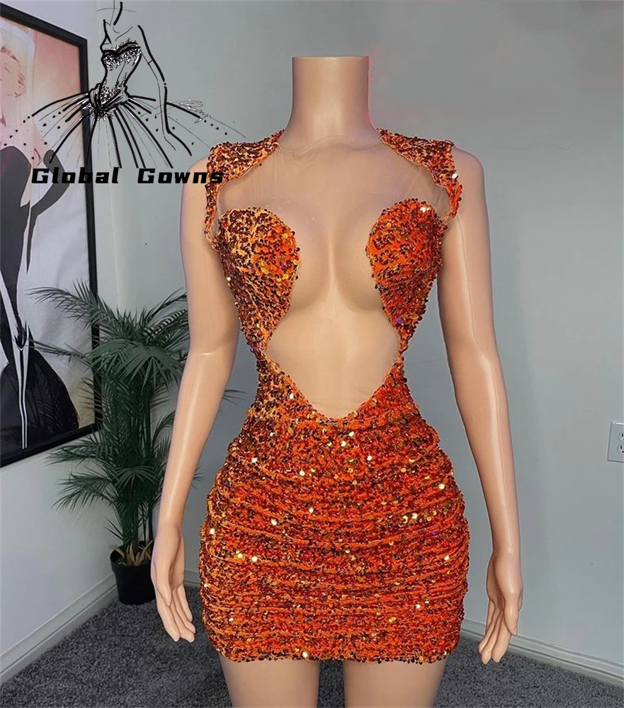 

Sexy Orange Sparkly Sequin Short Prom Dresses For Black Girls Mini Cocktail Birthday Party Dress See Through Mermaid Homecoming