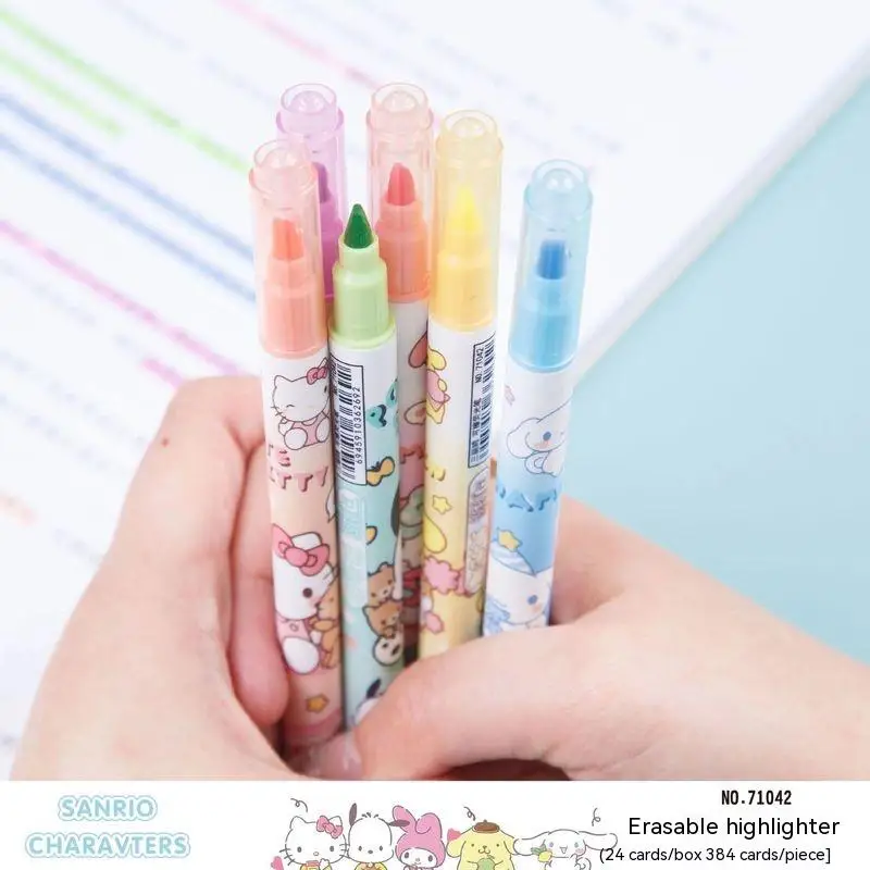 Sanrio 12pcs Kawaii Highlighter Hello Kitty Pochacco New Cartoon Cute 6-color Erasable Marker High-value Cute Girl Graffiti Pen