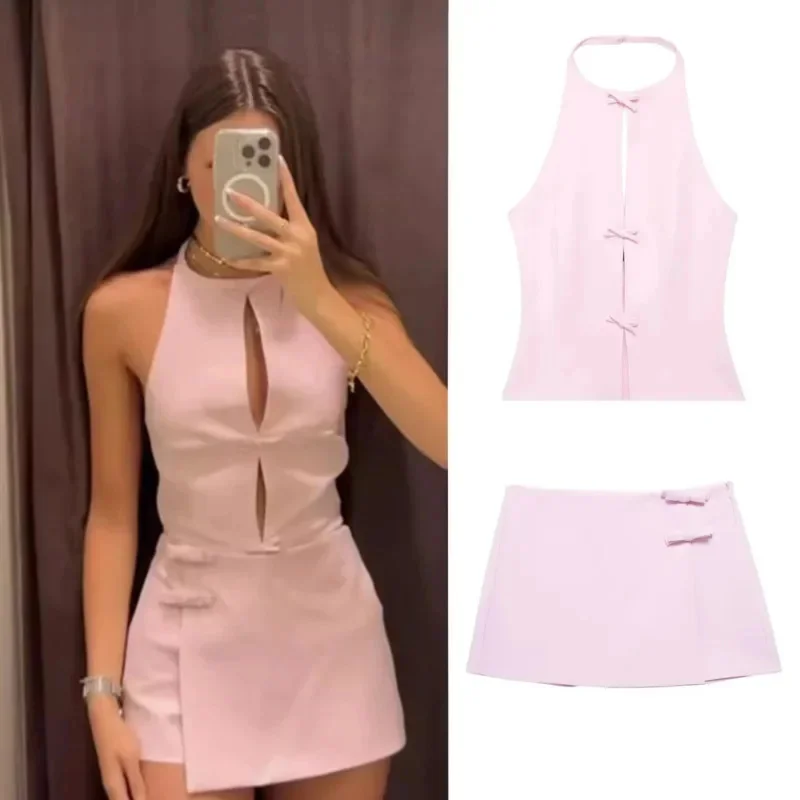 Sexy Cut Out Bow Backless Halter Top Mid Waist Mini Skirt Shorts Women Two Piece Set 2024 Summer Fashion Casual Office Lady Sets