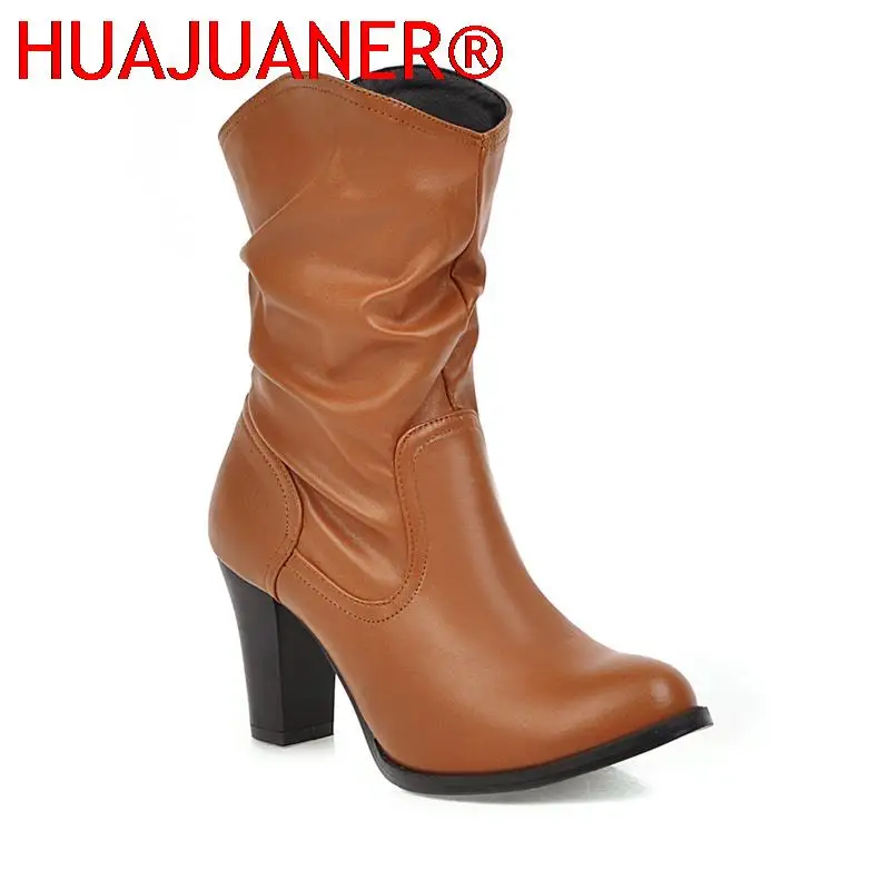 Vintage Mid-calf Boots For Women Shoes Block Heeled Short Boots Casual Women's Autumn Winter Boots Brown Gray Black Large size image 2