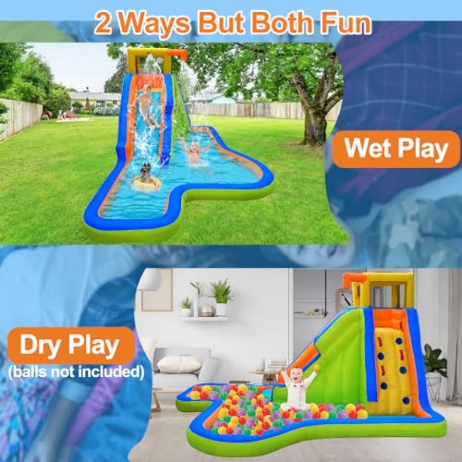 Outdoor inflatable water slide bounce house for backyard use, PVC material, blue and yellow, 6-in-1 wet/dry play with climbing view 3
