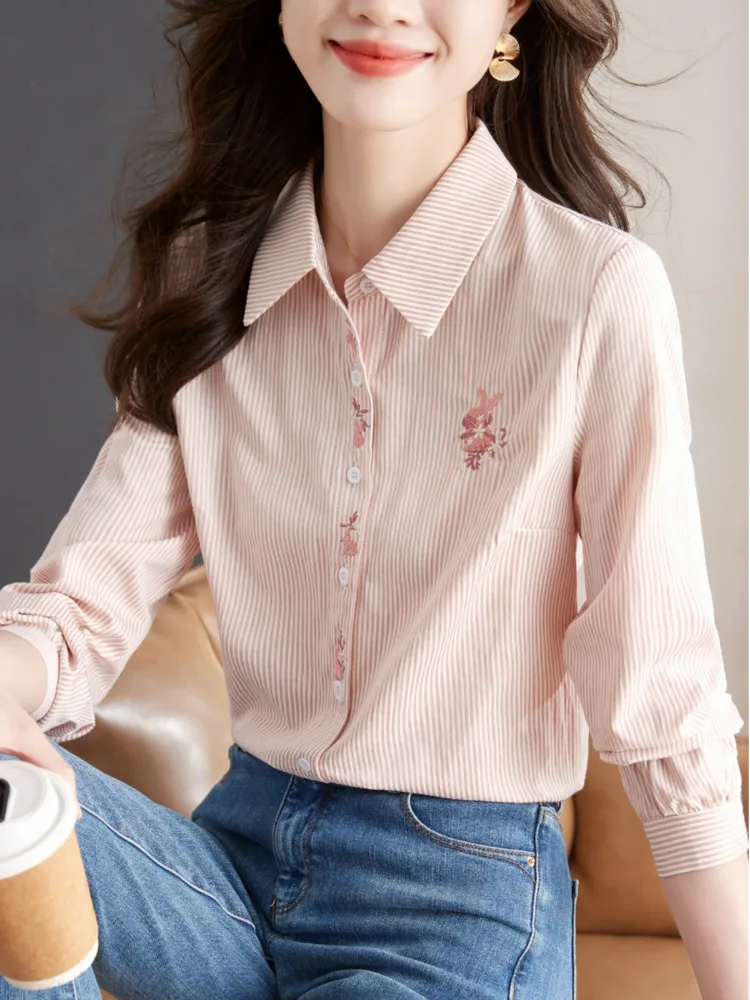 #3251 Pink Striped Shirts Slim Fit Cotton Embroidery Vintage Shirts Female Long Sleeve Single Breasted Womens Tops And Blouses