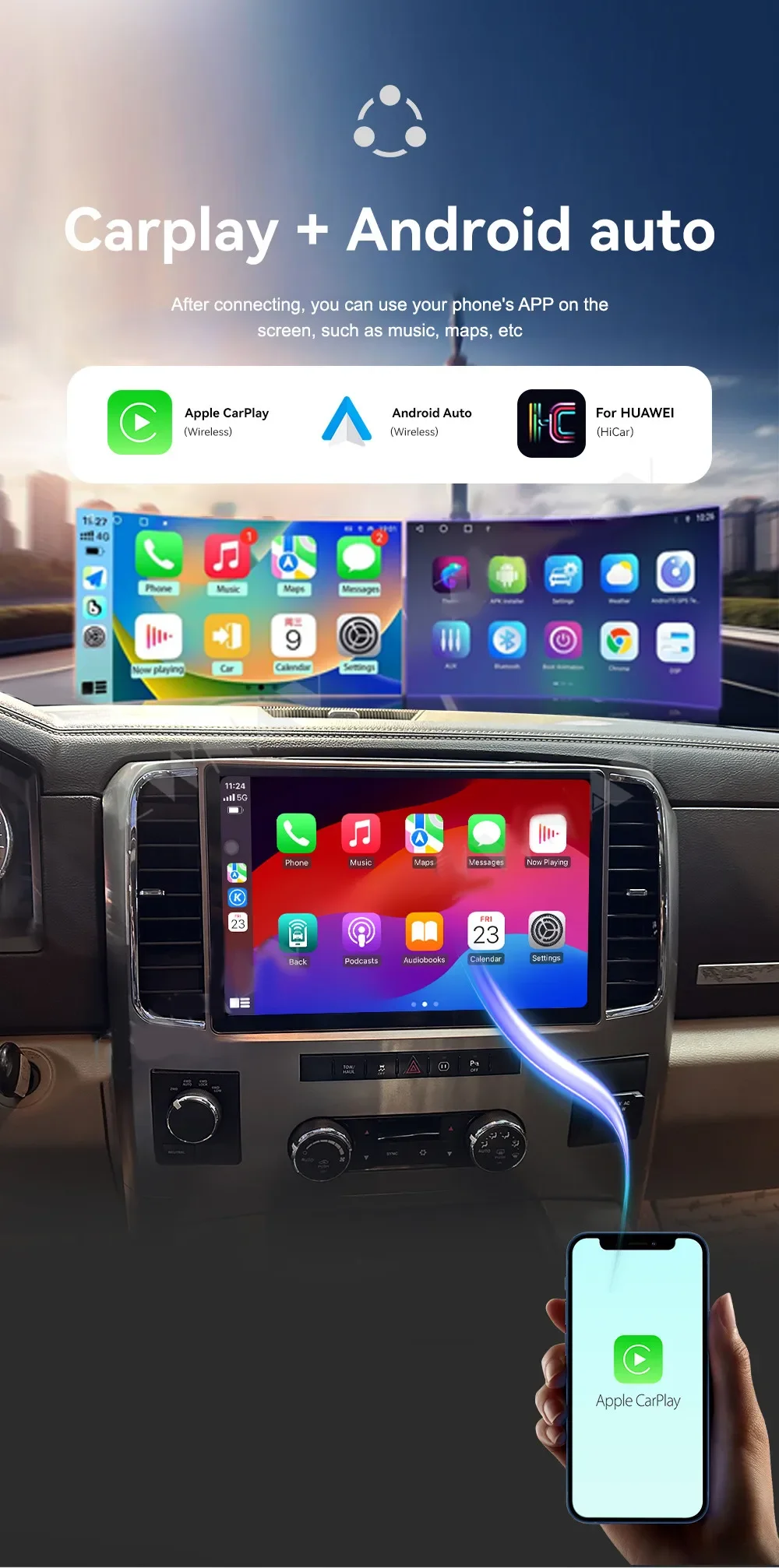 13 بوصة أندرويد 14 شاشة أفقية ل دودج رام 1500 2500 2008-2018 راديو السيارة لتحديد المواقع والملاحة اللاسلكية Carplay رئيس وحدة