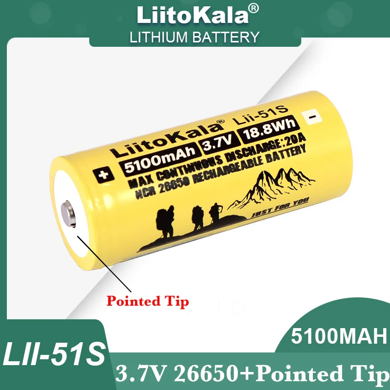 Hot LiitoKala LII-51S 26650 20A 3.7V Power Rechargeable Lithium Battery 5100mA Suitable batteries For Flashlight (NO PCB)