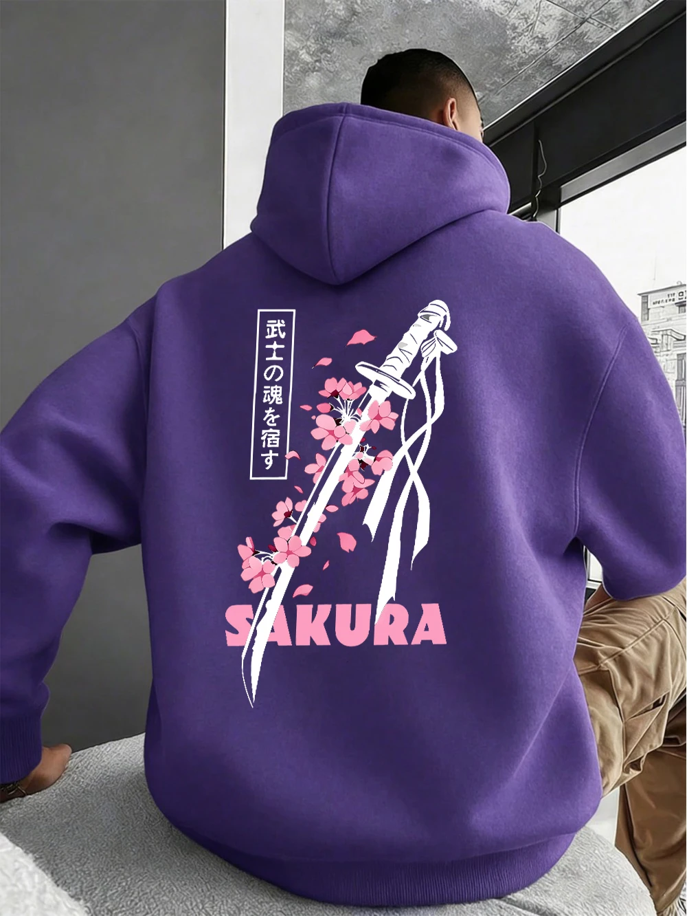 Japanisches Katana Sakura-Druck Herren-Sweatshirt Winter Fleece Warmer Hoodie Koreanischer Lockerer Sportanzug mit Taschen Hip-Hop Männerkleidung