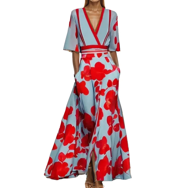 

Floral Print Summer Dress 2025 Women Elegant V-neck Short Sleeve Casual Vintage Lace Up Party Dress Ladies Long Maxi Dresses