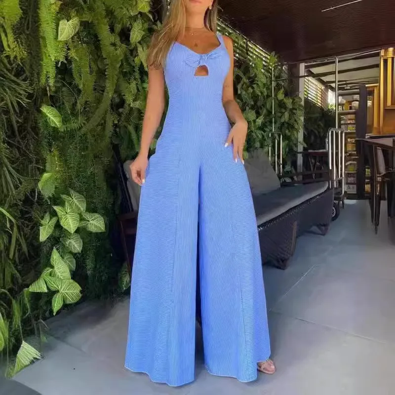 

Новый женский комбинезон, весенний модный однотонный повседневный комбинезон без рукавов с v-образным вырезом, свободный полосатый комбинезон с широкими штанинами, женская одежда