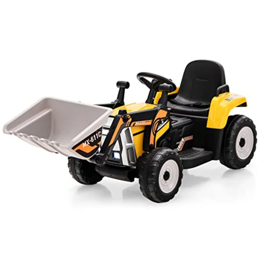 ride-on excavator for outdoor play, ABS plastic body, yellow color, 12V battery with remote control, 3 speeds and adjustable di