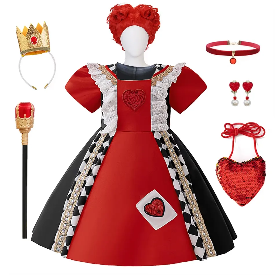 Children Red Queen Cosplay Costume Girls Role Playing Outfits Kids Halloween Birthday Party Fantasy Sets Carnival Fancy Frocks