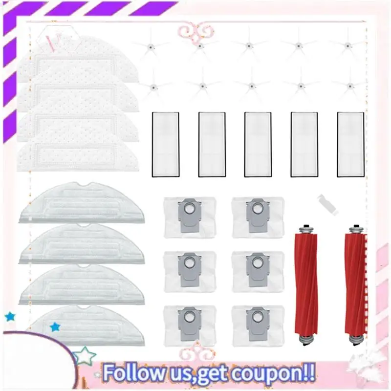 

A50F-Для Roborock S7 Maxv Ultra, S7 Pro Ultra, запасные части для робота-пылесоса, основная боковая щетка, ткань для швабры, фильтр Hepa, мешок для пыли