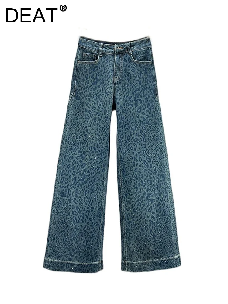 

DEAT Women's Jeans High Waist Loose Full Diamonds Blue Leopard Printed Straight Wide Leg Denim Pants 2024 Autumn New Fashion