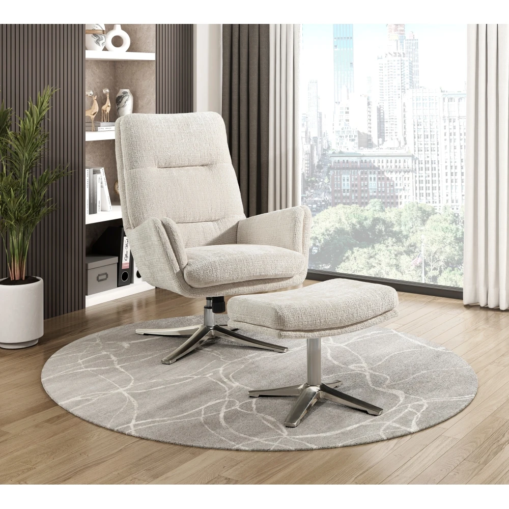 

Comfortable Swivel Accent Chair with Ottoman Beige Silver Finish Metal Base Stylish Furniture 1pc