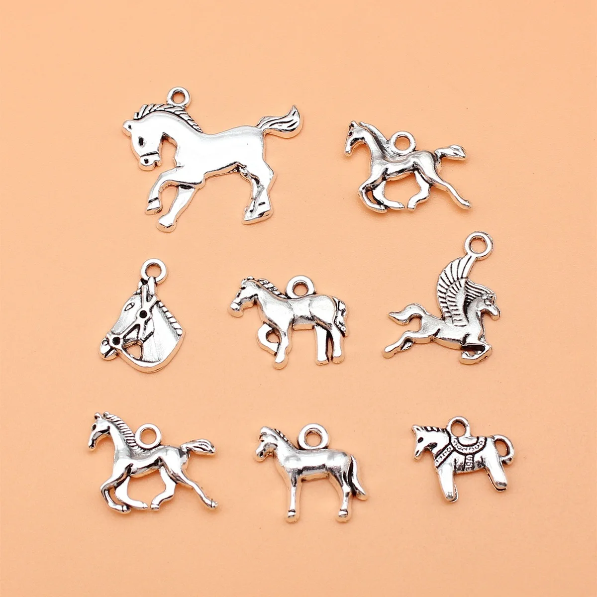 8pcs Antique Silver Color Horse Charms Collection For DIY Jewelry Making, 8 Styles, 1 of Each