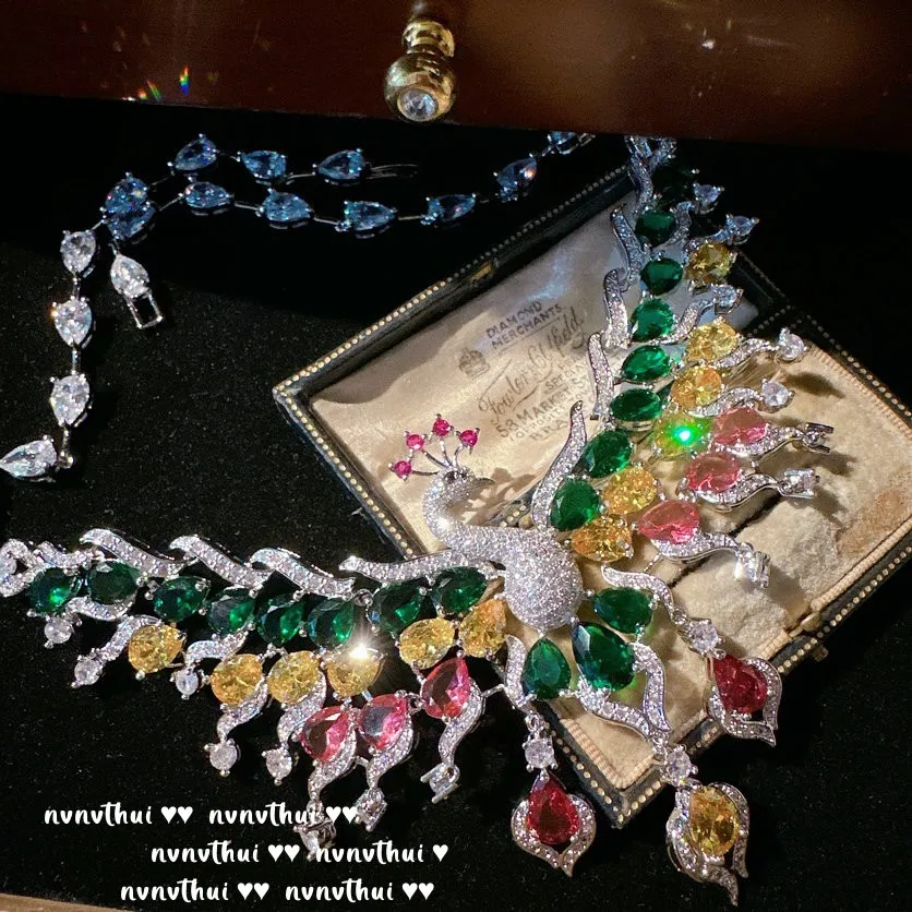 Luxury 925 Silver Jewelry Set Sparkling Zircon Elegant Multicolour Peacock Necklace Earring Women Wedding Banquet Jewelry Set