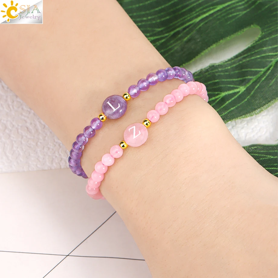 CSJA Natural Stone Initial Bracelet 4mm Pink Crystal Beads Bangle Letter A-Z Birthday Bracelets for Women Girl Jewelry Gift T087