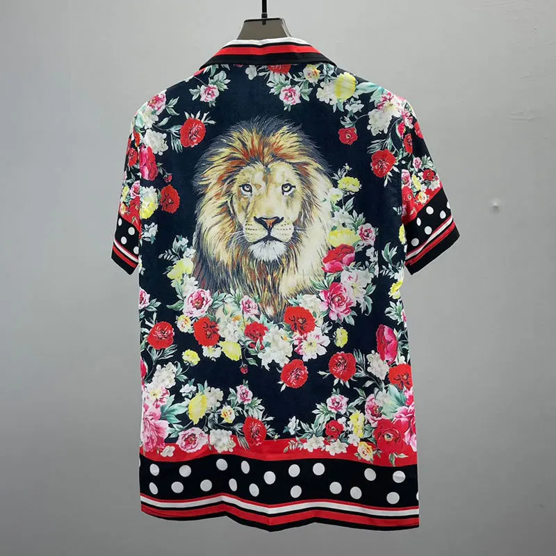 2023Streetwear Hip Hop Fashion Aloha Tropical Top Hawaiian Beach Shirts European Lion Flower Print Shirt Camisa Floral Masculina