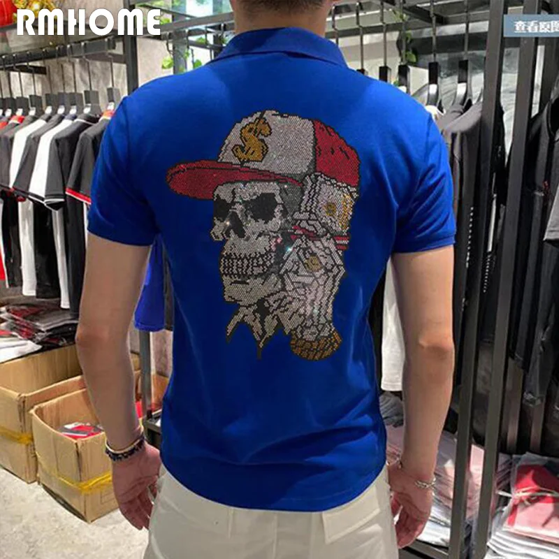 Men\'s Lapel T-shirt Polo Skull Handsome Rhinestone Design  Short Sleeved Tops Cotton Summer Fashion Clothing Hip-hop Streetwear