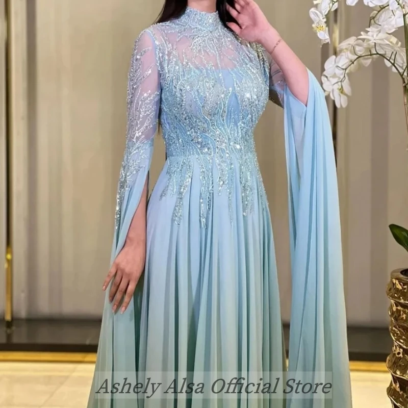 Customized Women Evening Dresses Long Sleeve High Neck Sequined A Line Boho Chiffon Formal Occasion Prom Dress Wedding Party